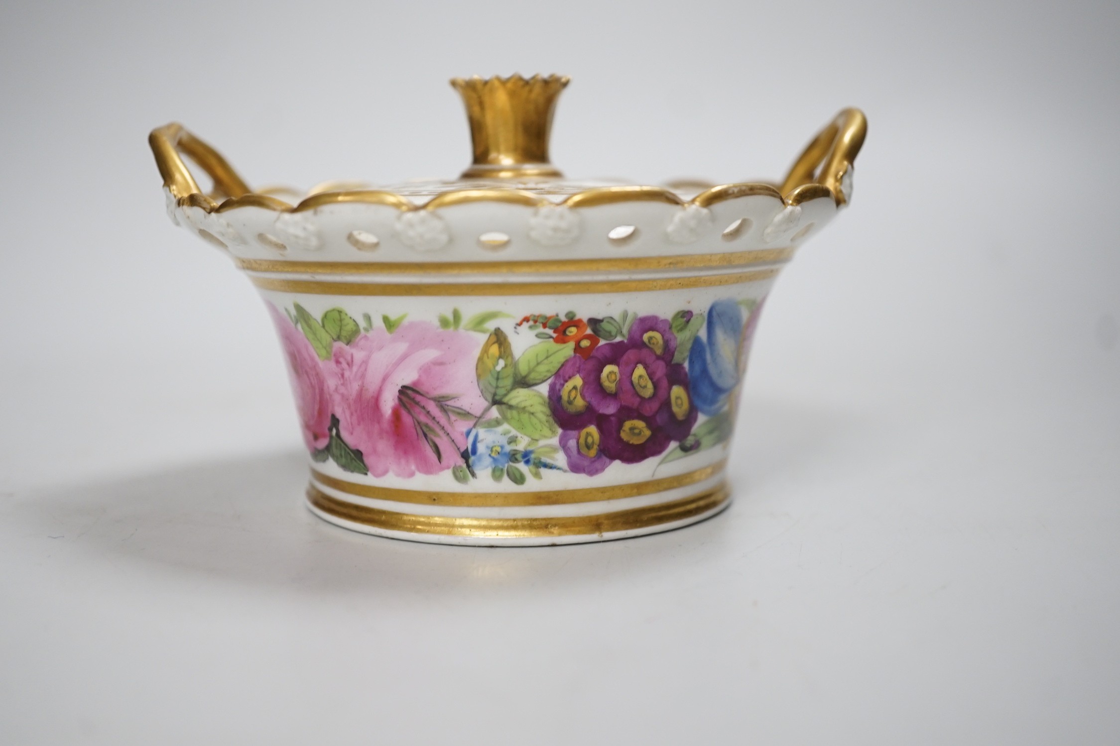 A Coalport pot pourri basket and cover painted with flowers, perhaps in the workshop of Thomas Baxter c.1805-10